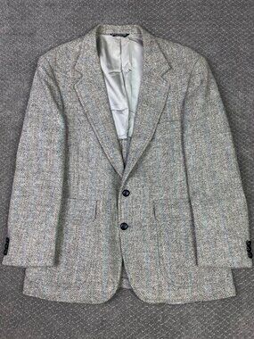 Harris Tweed Herringbone Blazer Sports Coat Mens 40S Gray Pink Blue Wool vintage